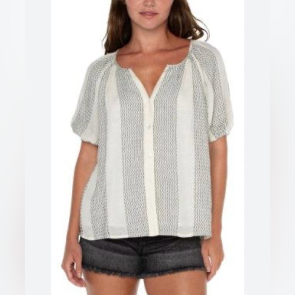 NWT Liverpool Women’s Small Puff Sleeve Button Front‎ Shirred Woven Top